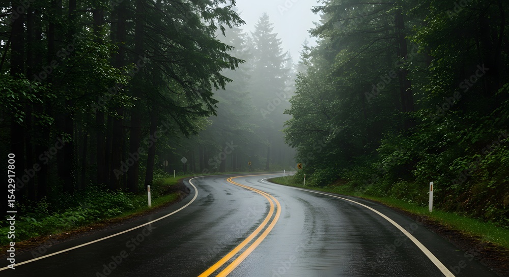 Fototapeta premium Curved Road in Misty Forest Surrounded by Tall Trees