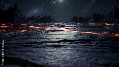 Alien landscape at night with lava flows