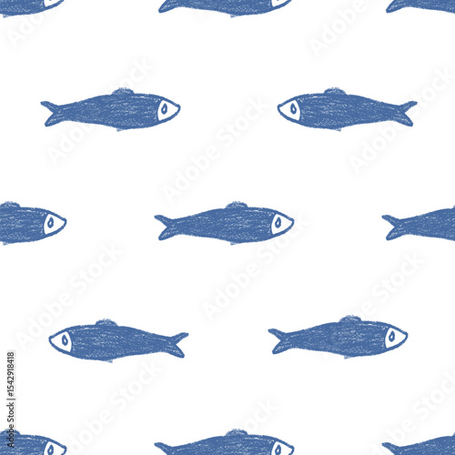 Crayon fish seamless pattern. Sardines hand drawn endless background. Nautical repeat cover. Sea continuous ornament. Surface pattern design water motif. Vector simple illustration.
