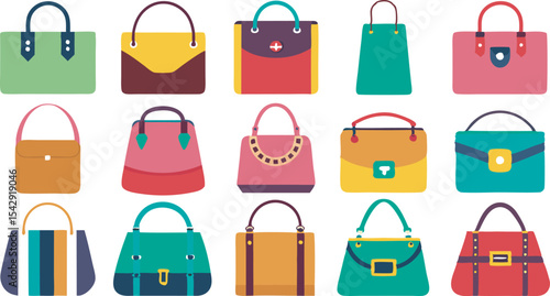 A vibrant collection featuring diverse women's fashion handbags in multiple styles and colors, perfect for every stylish occasion.