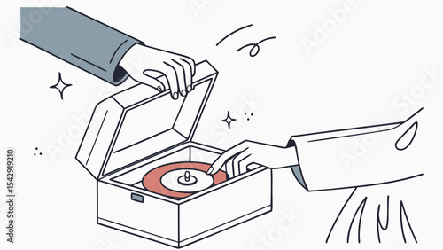 Hands placing a vinyl record into an open record player case with sparkles and swirls around them all around
