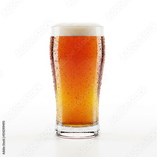 A glass of beer with foam, in a glass, white background.