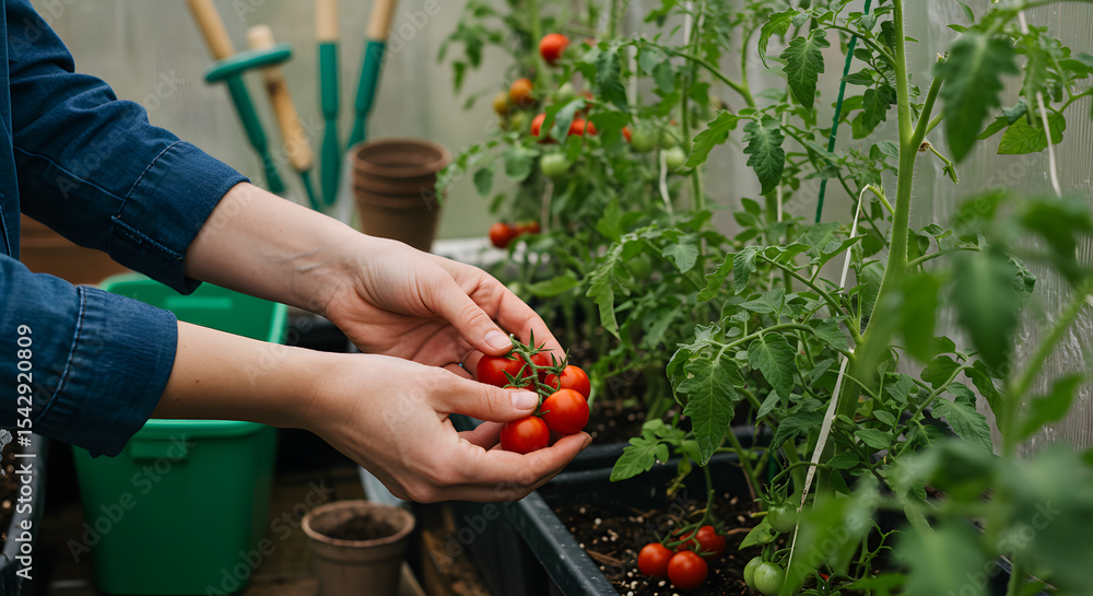 Fototapeta premium Eco gardening lifestyle with fresh tomato harvest