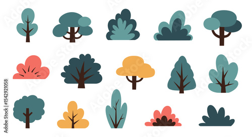 Different kinds of colorful trees and bushes in a forest or park vector