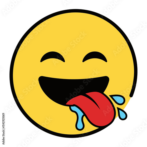 Delicious Yummy Emoticon eMOGE.ai Style Cartoon Happy Face with Drooling Tongue Illustration