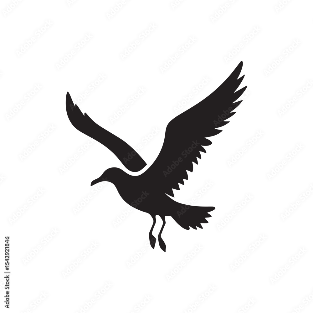 Obraz premium Soaring Seagull Silhouette Vector Art – Coastal Bird in Flight with Outstretched Wings, Minimal Black Outline Perfect for Nautical Themes, Beach Decor, and Ocean Wildlife Logos