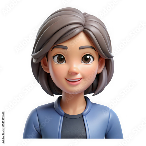 Smiling 3d cartoon woman avatar with short hair isolated on transparent background