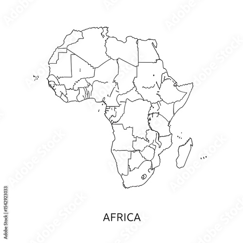 Outline map of africa showing country borders and geographic divisions in black and white.