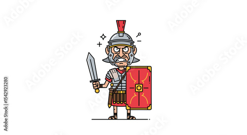 Roman Soldier Pixel Art Illustration Cartoon Character with Sword and Shield on White