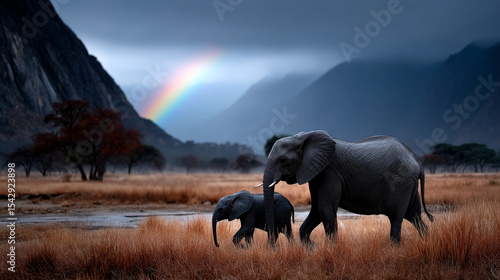 elephant with cub in the african grassland
