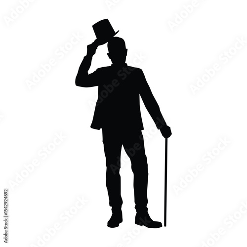Silhouette of a Man Tipping Hat and Holding a Walking Cane