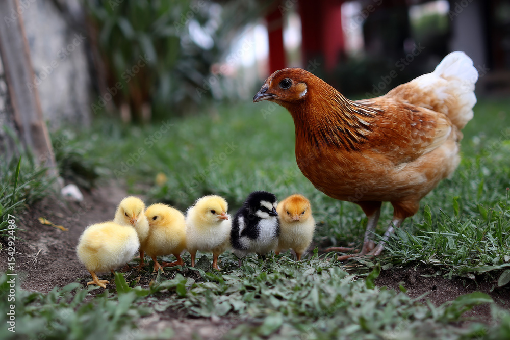 Fototapeta premium chicken mother with small chicks