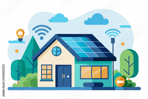 Smart Home Design featuring Solar Panels and Wireless Connectivity Eco-Friendly House Illustration