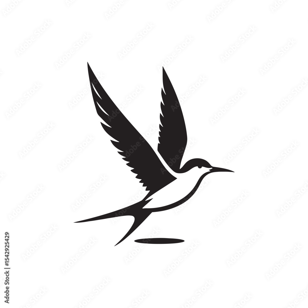 Fototapeta premium Graceful Tern Silhouette Vector Art – Sleek Seabird in Flight with Long Wings and Forked Tail, Minimal Black Outline for Coastal Themes, Nature Logos, and Marine Decor