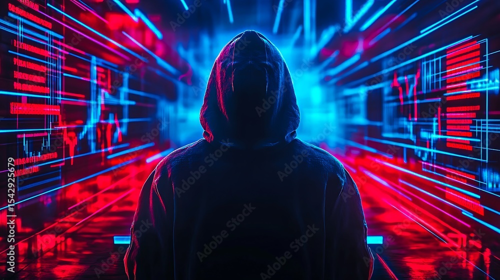 Obraz premium Hooded hacker standing in digital cyberspace with red and blue data lights