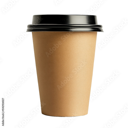Brown paper coffee cup with black lid resting against white background at cofee setting, Brown paper coffee cup with black plastic lid white background