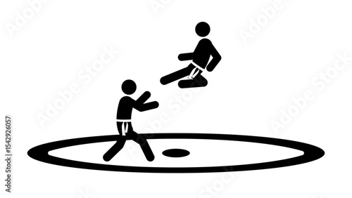 Set of stick figures, karate martial art, black silhouettes on white background, flat vector illustration.
