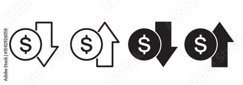 Dollar increase and decrease vector icons. Cost reduce increases and decreases icon set. profit and lose money vector icons.