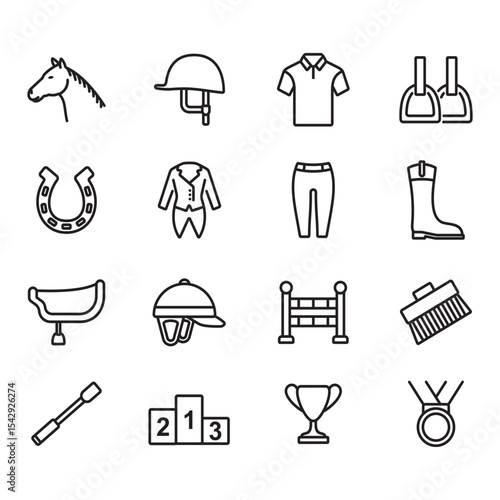 Equestrian sport icon set. Thin line vector. Contains icons such as horseshoe,saddle,championship medal and more.