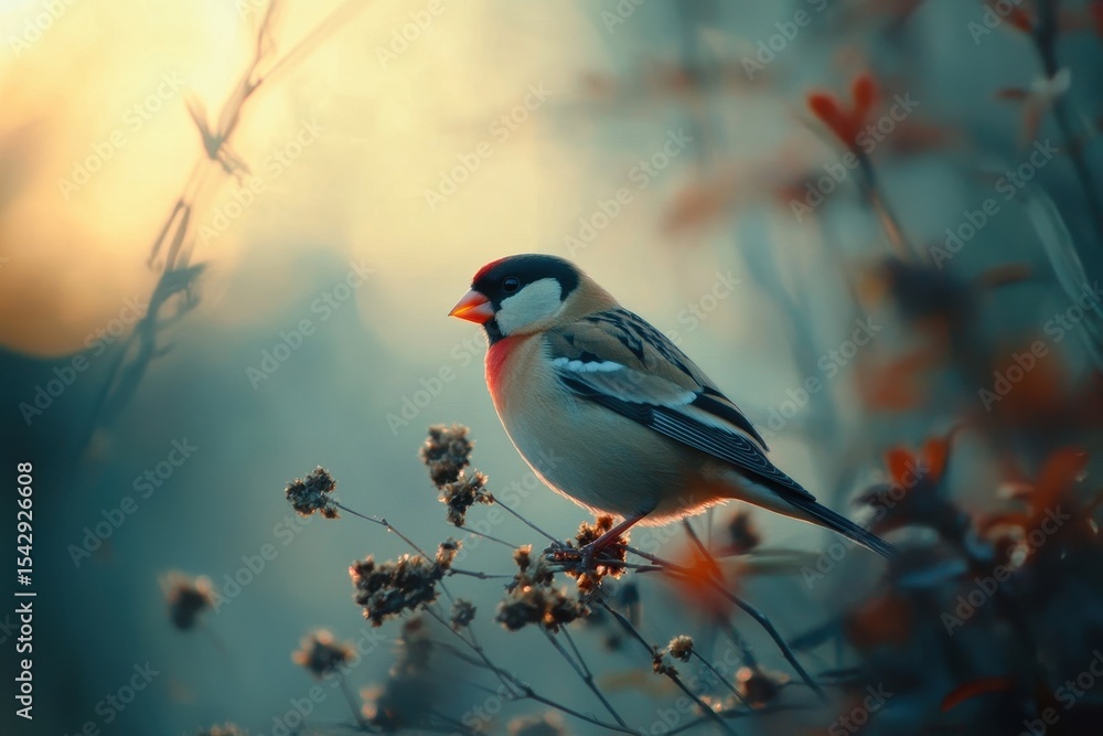 Fototapeta premium European Goldfinch perched gracefully on a branch at sunset in a tranquil natural setting, European goldfinch, Carduelis carduelis A colorful songbird sits on a branch