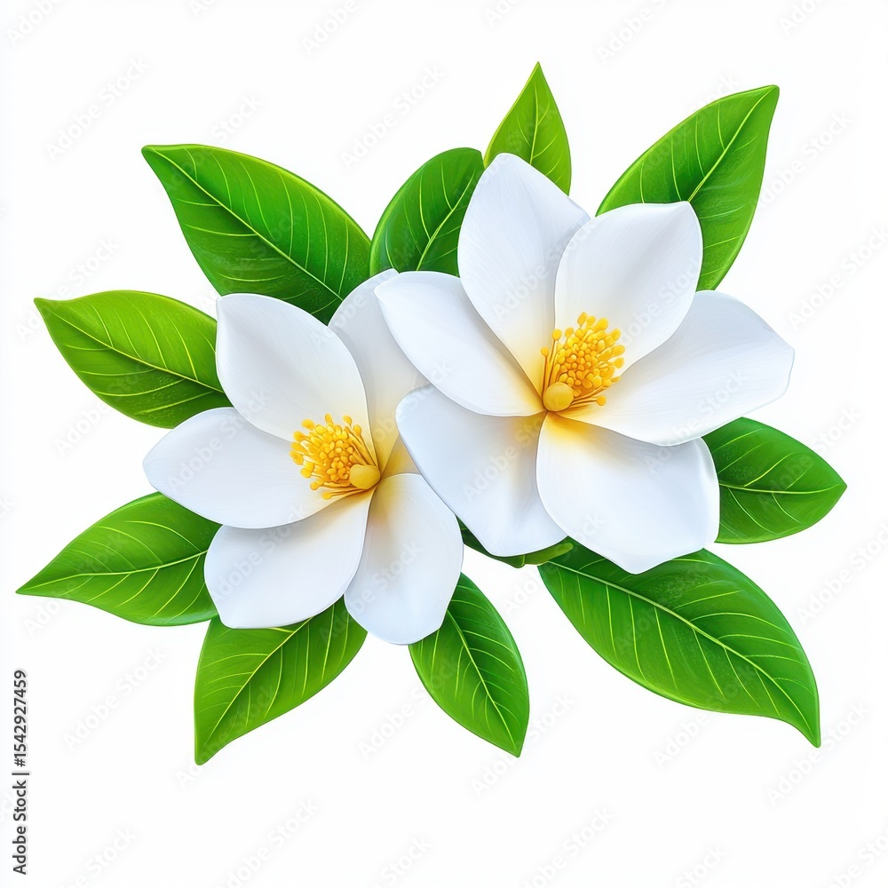 Naklejka premium Two White Magnolia Blossoms with Green Leaves on White Background