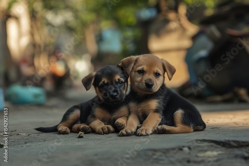 Fototapeta Naklejka Na Ścianę i Meble -  Two adorable puppies cuddle together on a sunny day in a serene outdoor setting, Close-up of two adorable puppies sitting on the ground in a park