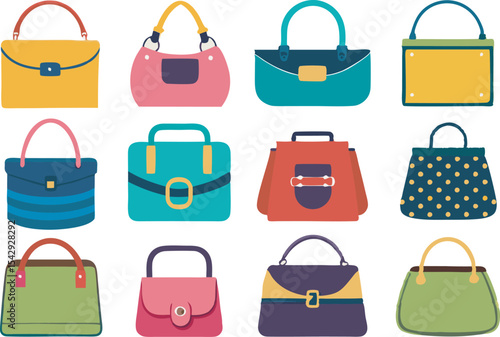 A vibrant collection of women's handbags featuring diverse styles and colors, perfect for adding flair to any fashion look.