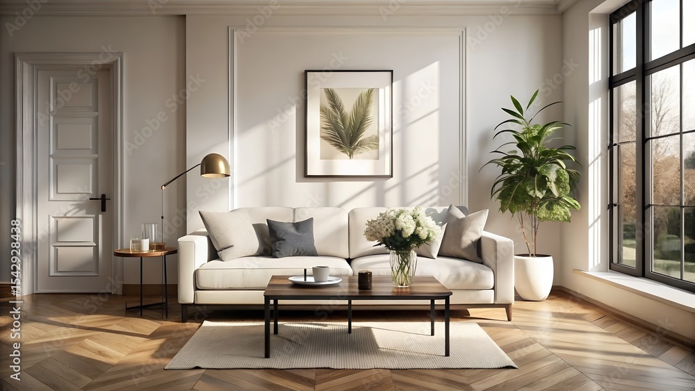 Fototapeta premium A bright living room with white sofa, coffee table, and potted plant