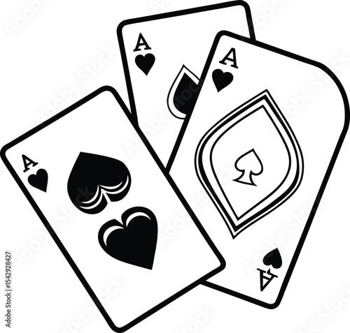 Three Aces Playing Cards Black and White Illustration for Gambling Concept