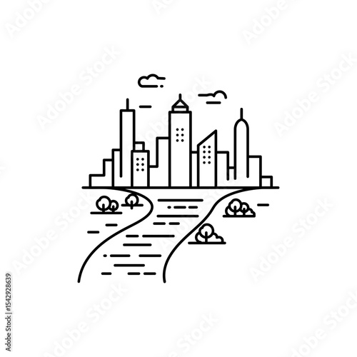 River Merging with City Skyline Black Line Icon