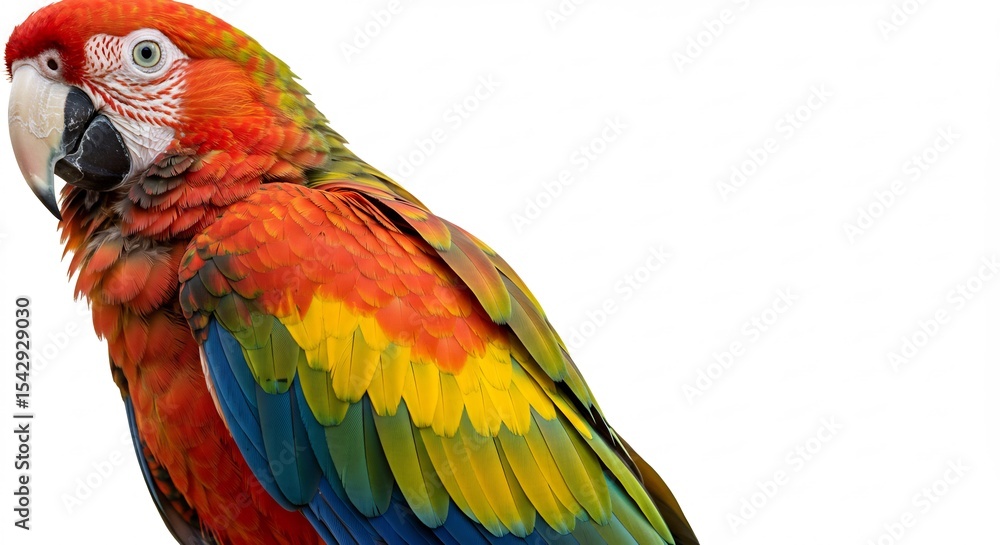 Obraz premium Vibrant Scarlet Macaw feathers shine brightly against pure white background. AI Generated