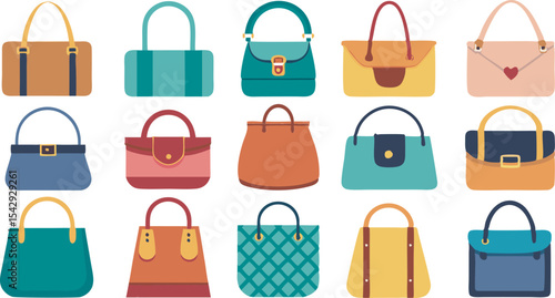 A vibrant collection of women's handbags featuring diverse styles and colors, perfect for adding flair to any fashion look.