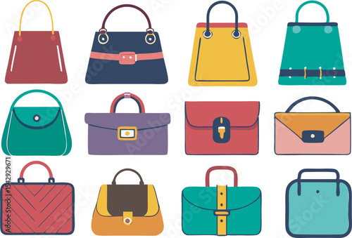 A vibrant collection of women's handbags featuring diverse styles and colors, perfect for adding flair to any fashion look.