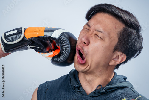 Asian man in sleeveless hoodie gets punched in the face with boxing glove during training, showing shocked expression and dramatic impact in studio with plain light background