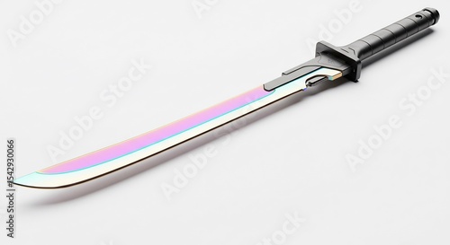 Sleek iridescent katana sword gleams under soft studio lighting. AI Generated