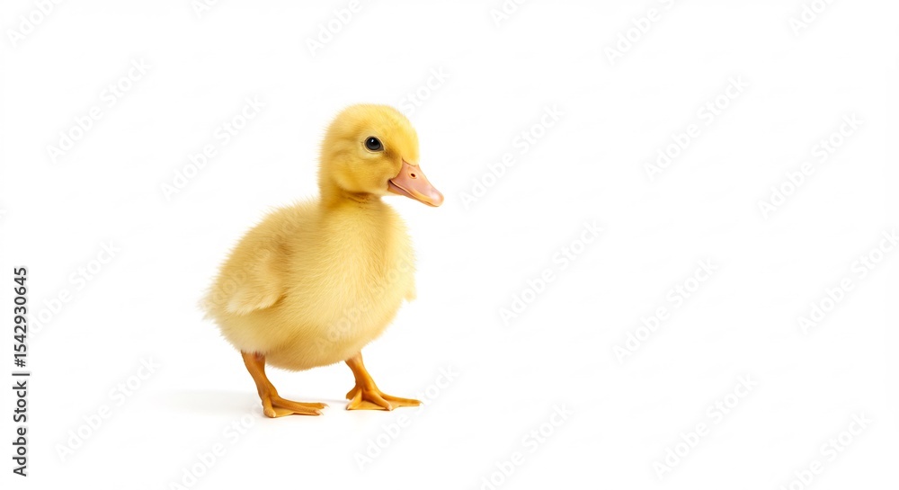 Fototapeta premium Adorable fluffy duckling stands brightly lit against pure white background. AI Generated
