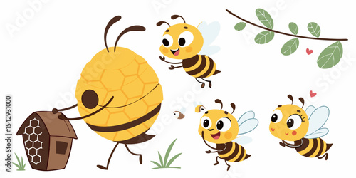Cute cartoon bees and other funny insects with flowers, a nature illustration vector set