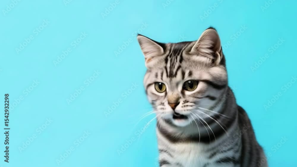 Closeup Friendly cat chewing food in mouth.Cute cat with reaction of face Closeup Friendly cat chewing food in mouth.Cute cat with reaction of face