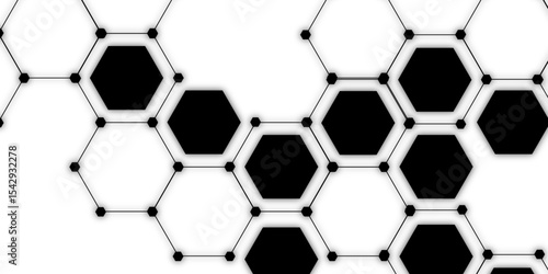 Abstract vector design with interconnected black-outlined hexagons. Honeycomb-like pattern on white and Small, solid black circular. Geometric layout with futuristic, scientific, and technological 