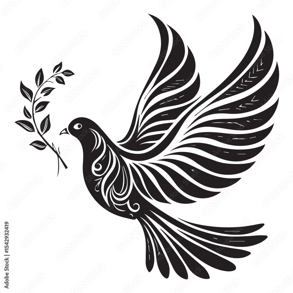 Naklejka premium Ornate black dove with olive branch illustration