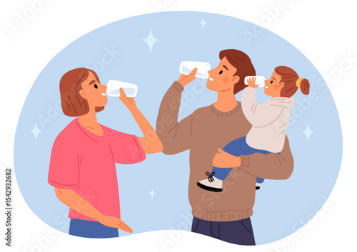Young family with small child drink clean water from glass cups. People hydration. Parents together with kid quench thirst. Healthy fresh beverage. Pure liquid refreshment. Vector concept