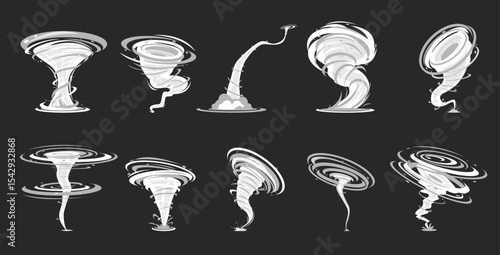 Tornado effect. Air hurricane. Wind vortex on dark background. Climate phenomenon. Dangerous storm with twisted funnels. Natural disasters. Atmosphere windstorm. Vector whirlwinds set