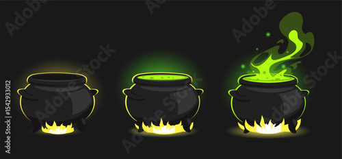 Scenes of animation cooking potion in magic cauldron. Magical elixir pan with green steam. Alchemy pot on fire. Witchcraft laboratory. Poison boiler. Boiling process steps vector set
