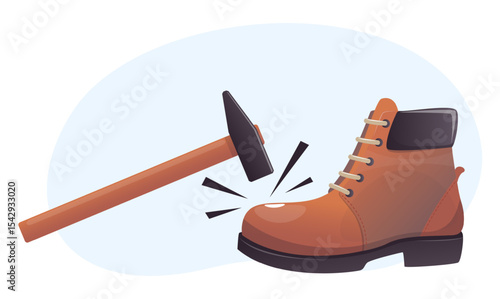 Safety for work shoes against hammering or falling loads. Protective uniform boot. Shoemaker workshop. Hammer hit. Footwear fix and repair. Foot protection. Hard footgear. Vector concept