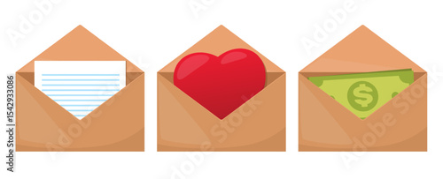 Open envelopes with letter, heart and cash. Document send. Charity love. Finance sponsor. Money banknotes payment. Communication chat. Fundraising pay. Nonprofit support. Vector mails set