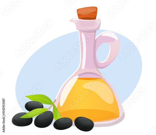 Olive oil in glass jar next to sprig. Vegetarian organic product. Bottle with cork. Cooking fruit. Natural plant leaves. Oily berries. Diet vegan ingredient. Vector healthy food object
