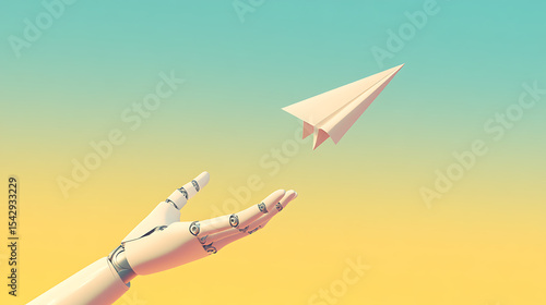 Future of Flight: Robotic hand releases a paper airplane into the sky, symbolizing innovation and a connection between technology and creativity.