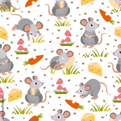 Cute little mouse with piece of cheese and carrots. Small animal seamless pattern. Cartoon rat sleeping on pillow. Repeated print. Mammal eating food. Grass and mushroom. Vector background