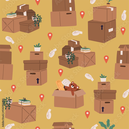Cardboard boxes of household items. Family relocating seamless pattern. Container with duct tape. Location moving. Belongings for relocation. Flowers and books delivery. Vector background