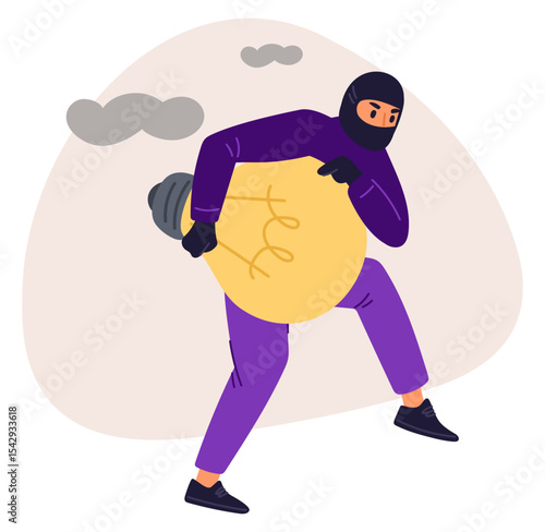Black masked thief stole light bulb. Stealing idea. Creativity and innovation lamp. Intellectual property theft. Invention burglary. Man sneaking with lightbulb. Vector plagiarism concept